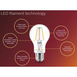 Philips LED Classic Globe Filament 8W=60W, 2700K, E27, Dimmable