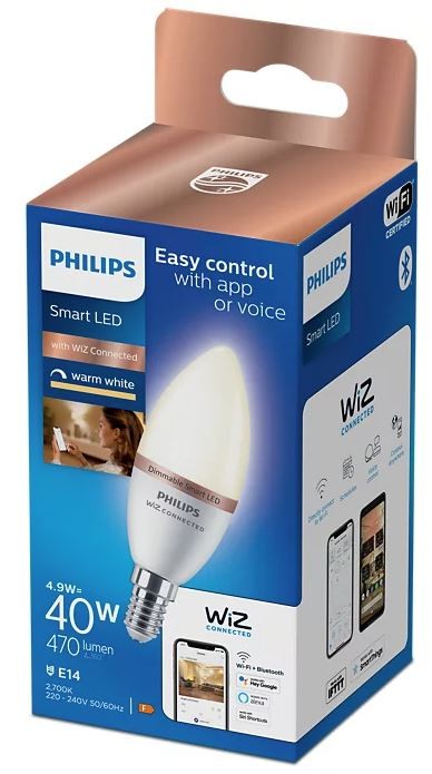 Philips WIZ LED Candle 4.9W=40W E14, 2700K Dimmable Smart Bulb