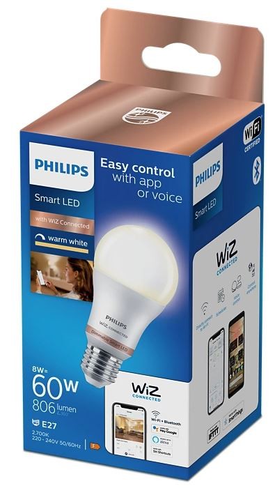 Philips WIZ LED GLS, 8W=60W, E27, 2700K Dimmable Smart Bulb